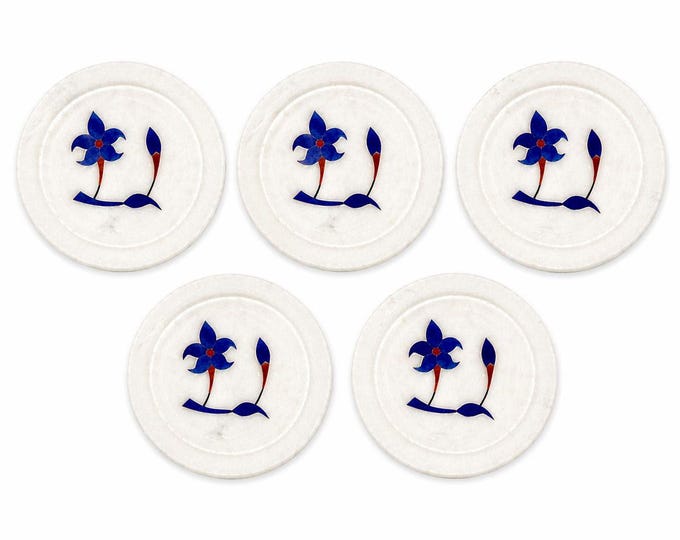 Marble Coaster Set 5 Lapis Lazuli Inlay Stone Floral Barware Decor Replacement Soapstone Unique Vintage Handcrafted Hand Carved Flowers