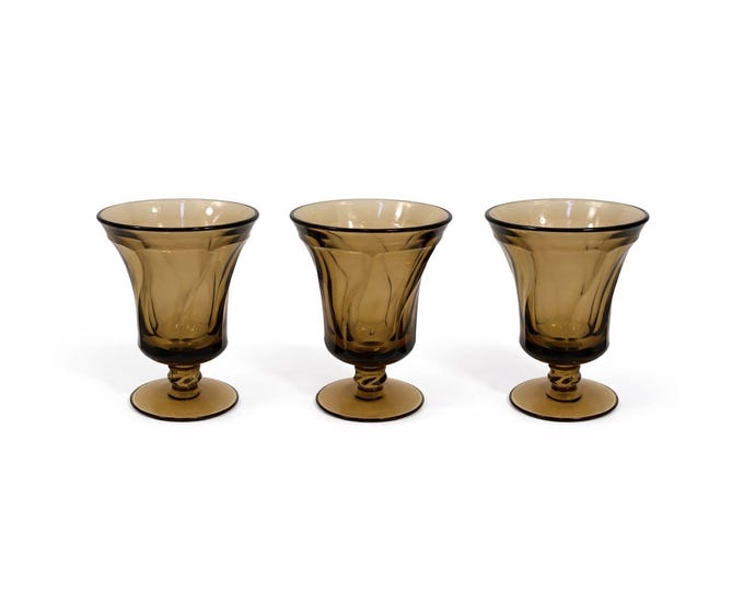 Footed Ice Tea Glassware | Fostoria Jamestown Brown Amber | Drinking Glass Set 3 | Replacement Barware Drinkware | Mid Century Retro Vintage