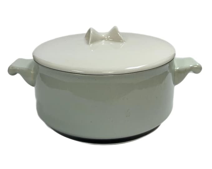 Vintage RARE| Mid Century | Designer's Collection | Oyster White | Stoneware | Lidded Casserole | Teal Turquoise Black rim | White top Bow