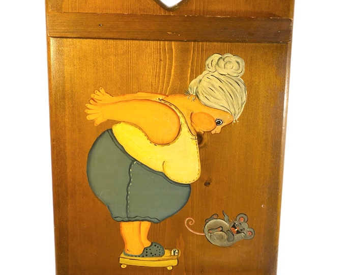 Vintage Wood Wall Plaque Woman Bathroom Weight Scale Handpainted Humor