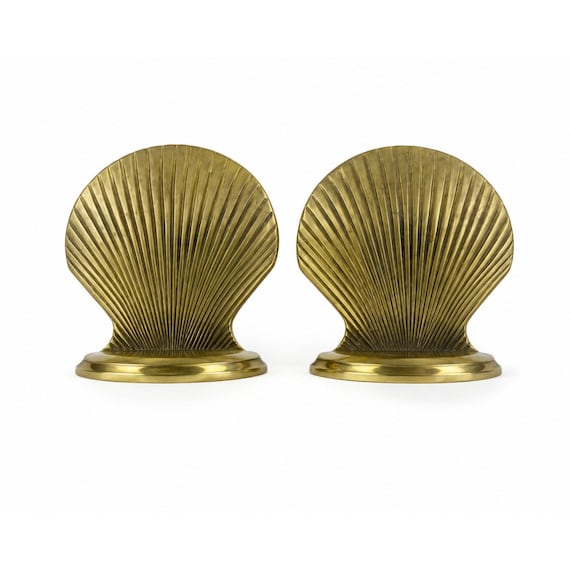 Brass Clam Shell Bookends Vintage Pair Set Coastal Grandma Traditional Beach Office Home Decor