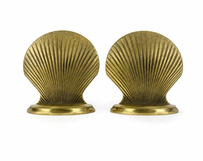Brass Clam Shell Bookends Vintage Pair Set Coastal Grandma Traditional Beach Office Home Decor