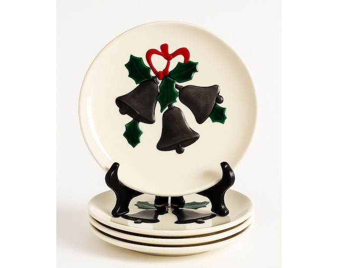 Ceramic Dinner Plates Vintage Handmade Hand-painted 3D Christmas Bells Holly Mallory Ceramics Set of 5 | Mid Century Granny Core Retro