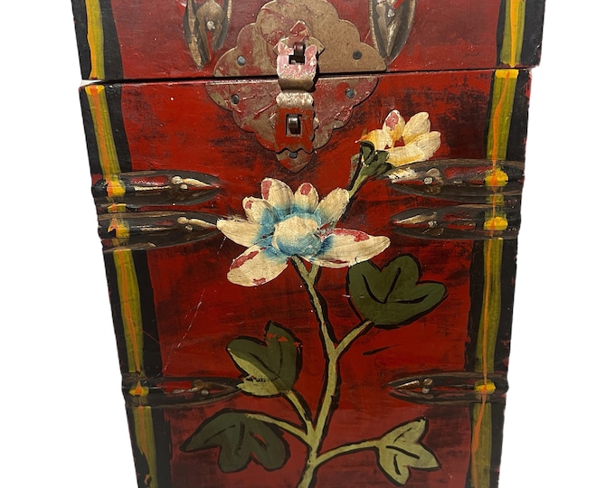 Vintage | Chinoiserie Oriental Chinese | Wine Box | Handled | Red Floral Flowers