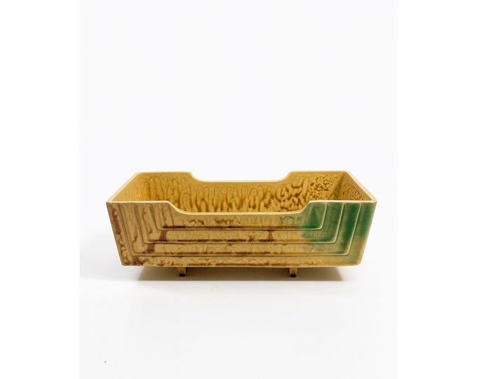 Footed Ikebana Dish Planter Japanese Drip Glaze Mid Century MCM Atomic Retro Rectangular Omochaya Japan Brown Green Accents Home Decor