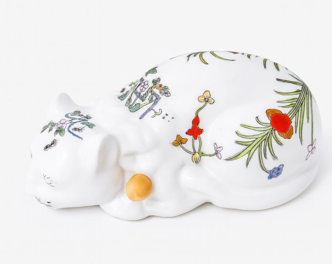 Sleeping LuckyCat Figurine Statue Ceramic | Hand painted Vintage Chinoiserie Oriental Chinese | Floral | Shelf Table Home Decor Decorative