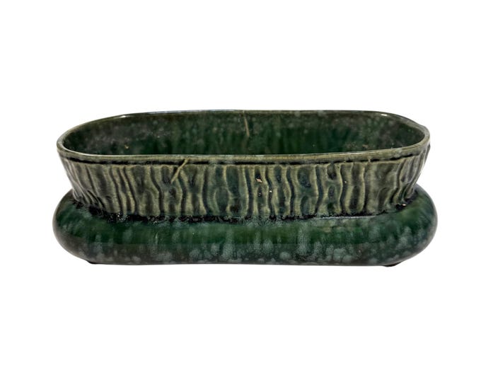 Brush Pottery Planter Cache Pot Ikebana Trough USA MADE | Vintage Art Deco Green Specked Lava Glaze Ceramic Succulent Flowers Bonsi Floral