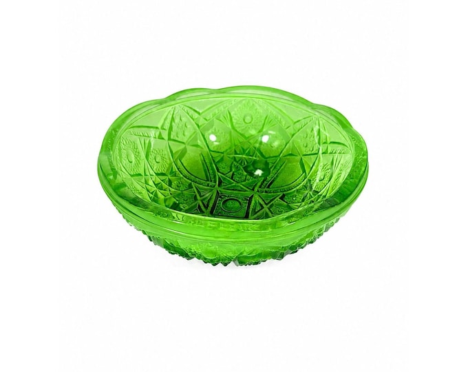 Footed Bowl Pressed Glass Jeanette Glassware Frosted Green Hobnail StarsOmbre 3-Toed Collectible