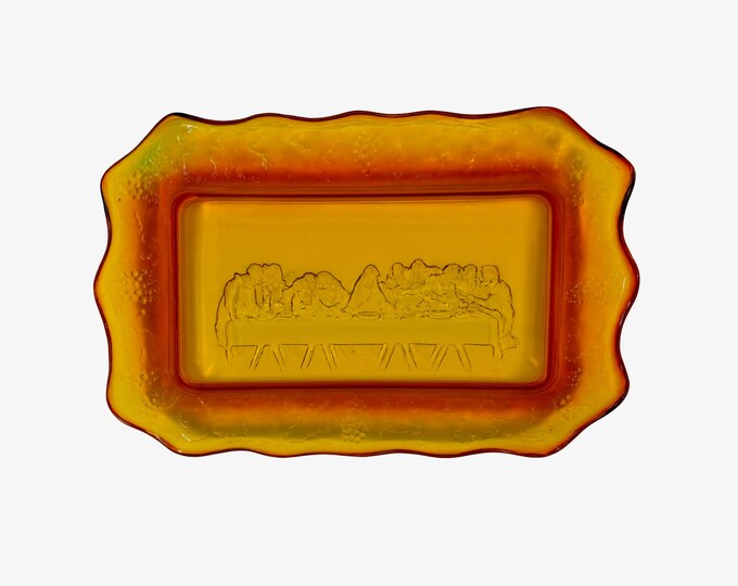 Bread Plate Platter Serving Dish Glassware | Tiara Glass Amber Orange | The Last Supper Christian Religious Meaningful Gifts | Kitchenware
