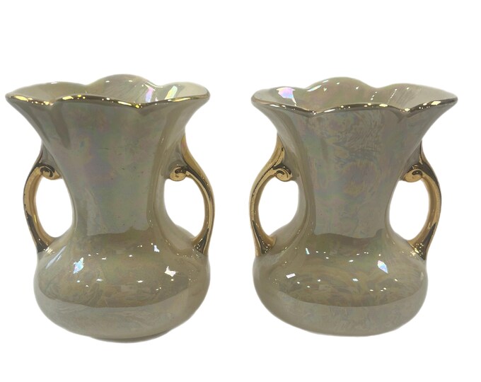 Vintage Pair Lusterware Pearl China 2 Handled Vase Beautiful gold trim China Co.  Hand decorated 22 kt Stamped USA Made