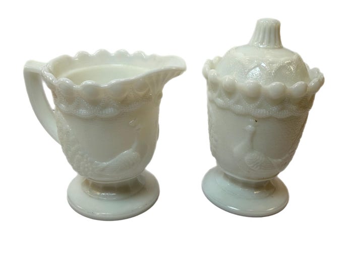 Westmoreland EAPG | Milk Glass Creamer Pitcher Sugar Bowl with Lid | Peacock Bird Design  | White Pair Set 2 Footed | Antique Vintage