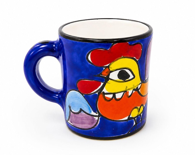 Large Pottery Coffee Mug Large Rooster Chicken La Musa Italian Hand Painted 12 oz Made in Italy Vintage Whimical Colorful Replacement China