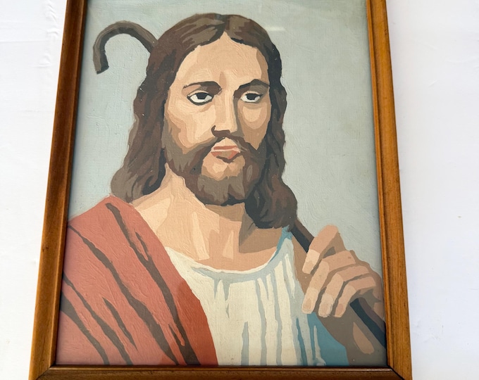 Vintage | Paint by number | Jesus with Staff | Hand painted wall art | Wood Wooden Frame Glass | Kitschy Art | Religious Christian Painting