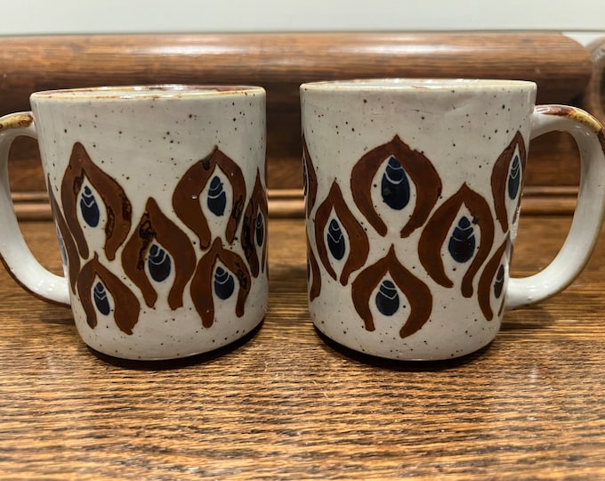 Vintage Speckled Brown Blue  Stoneware Mugs Set of 2 Boho Retro Rustic Decor | Hand Painted | Pair Earthware Handmade | Pottery