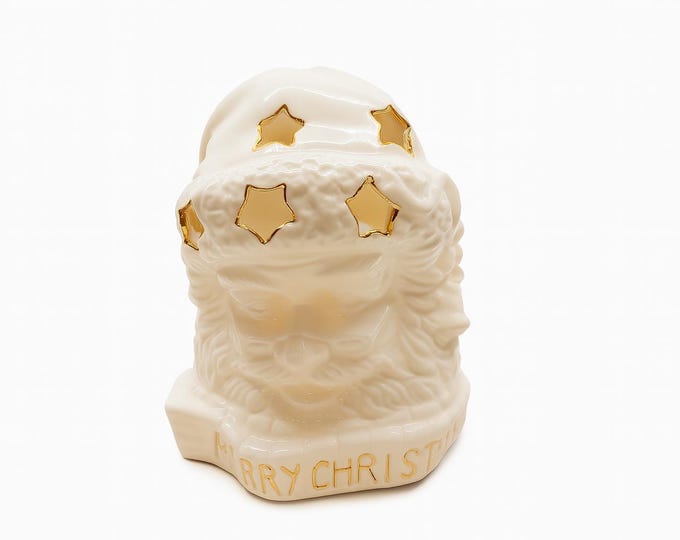 Tea light Candle Holder | Santa Claus Head Ceramic | Vintage White Gold Accents- Merry Christmas Decor | Holiday Seasonal Home Accents Decor