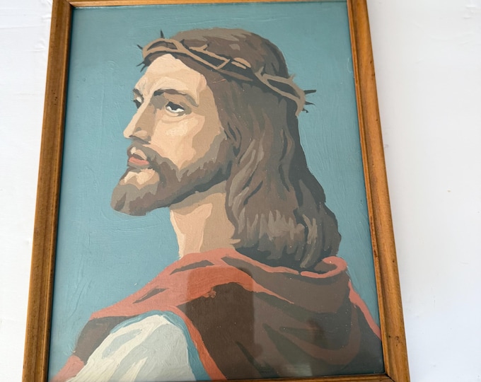 Vintage | Paint by number | Jesus Thorn Crown | Hand painted wall art | Wood Wooden Frame Glass | Kitschy Art | Religious Christian Painting