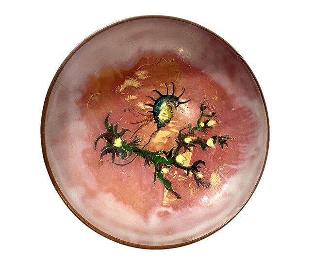 Sagitta Holland Mid-Century Modern Enamel Copper Bowl With Painted Seahorse And Seascape