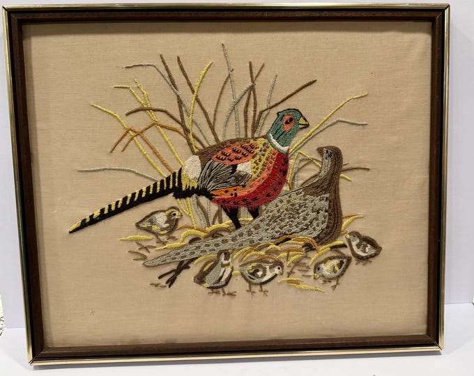 Hand Embroidered Wall Art Framed | Pheasant Needlework Crewel Vintage Pheasant | Hunting Lodge Scene  Birds | MCM Grandpa Core | Home Decor