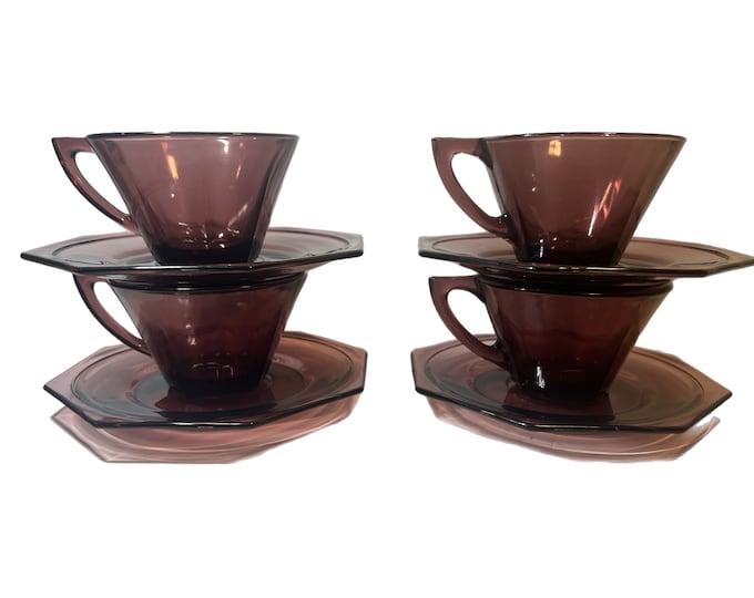 Teacup and Saucers | Set of 4 | MCM Hazel Atlas | Moroccan Amethyst | Purple
