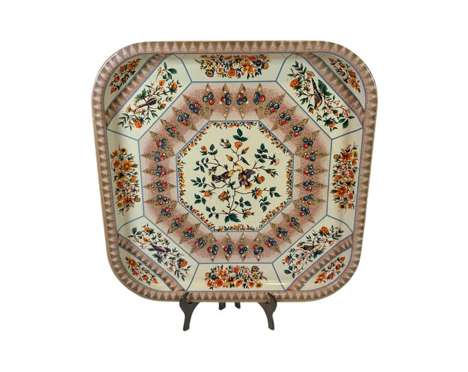 Daher Decorated Ware Metal Tray Platter | Square Flowers Birds | Made in England | Wall Decor Servingware | Decorative Accents Home Decor