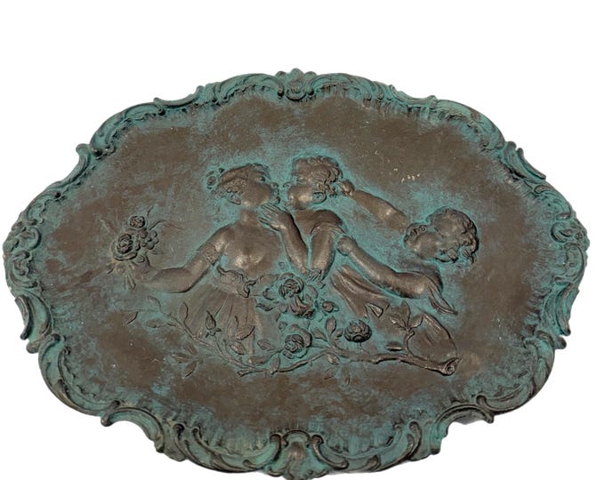 Art Nouveau | Wall Plaque Footed Tray | Angels Cherubs Putti | Antique French France | Home Decor Tin | Decorative Accent | Hand painted