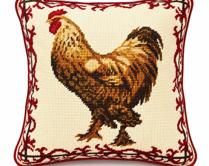 Throw Pillow Rooster Chicken Needlepoint Vintage Red Brown Velvet backed Farmhouse Cottage Core Traditional Home Decor Decorative Accents