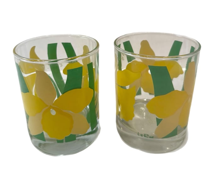 Vintage | Set 2 Pair | La Rue Daffodils | Low ball Rock Tumblers | Cocktail Whiskey Tumbler |  Barware Wedding Gift | Spring Table ware