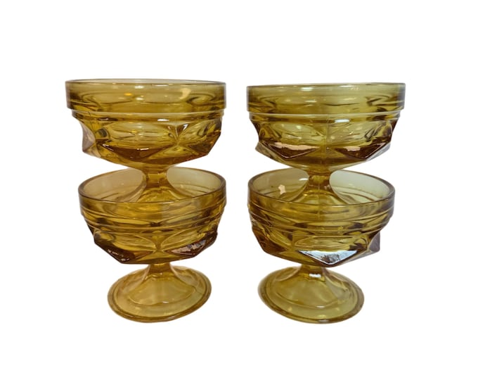 Vintage Anchor Hocking Amber Glass Footed Sherbet Dessert Dish Cups Bowls | Paneled Glass | Barware | Mid Century | Harvest Gold | Set 4