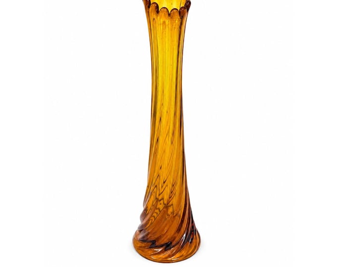 Swung Stretch Finger Glass Vase Fluted Twisted Column Ribbed | Vintage MCM Mid Century  Amber Orange Collectible Collector Glassware