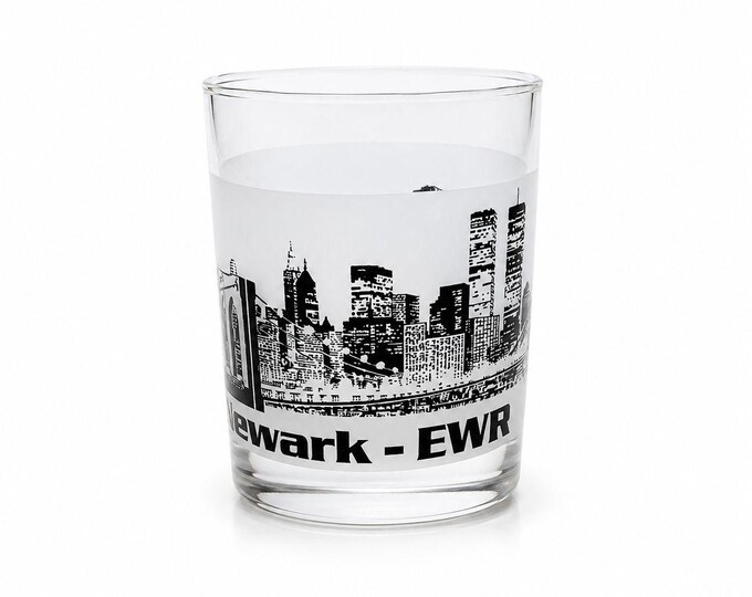 Old Fashioned Rocks Glass Newark EWR Airport Code Cityscape Frosted Middle Vintage Mid Century Skyline Barware Drinkware Rare