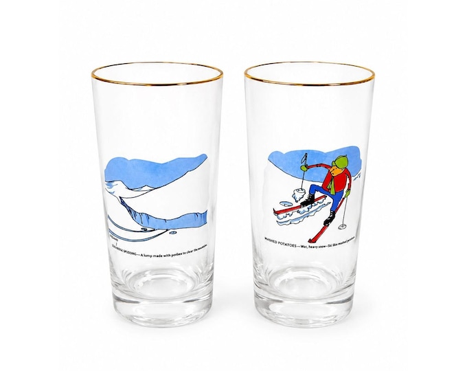 Drinking Ice Tea Beer Glasses Set 2 Carl Ashby Snow Skiing Comic Cortoon Humor Vintage Barware Kitchenware Masked Potatoes Gelandersprung