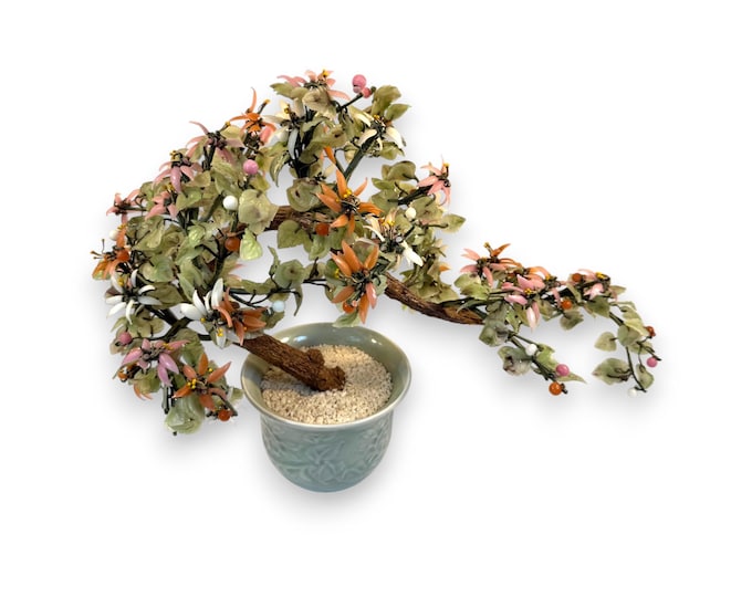 Chinese Bonsai Jade Tree Sculpture Art | Glass Oriental Cherry Blossom Celadon Green Pot  Vintage Rose Quartz Agate Carved Stone Chinoiserie