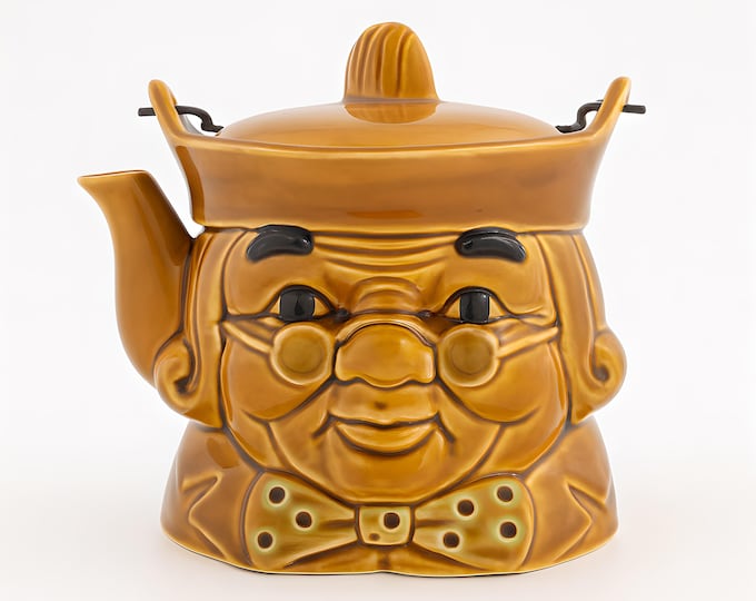 Tea Pot Pitcher | Ben Franklin Face Toby Japan Ceramic Porcelain | Farmhouse Country Cottage Granny Core Kitschy | Japanese Hand Painted
