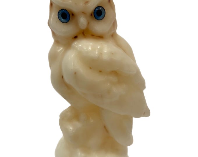 Vintage | Cream White | Owl Bird | Wax Figurine Candle | Anthropomorphic Statue | Unused | Blue Glass Eyes | Shelf Mantle Decor Mid Century