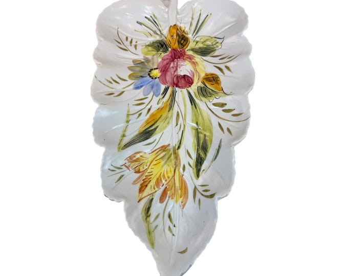 Italian Majolica Platter Tray Centerpiece Bowl | Italy Hand Painted Floral Leaf Shaped Plate Glazed Ceramic | Home Decor Decorative Accent
