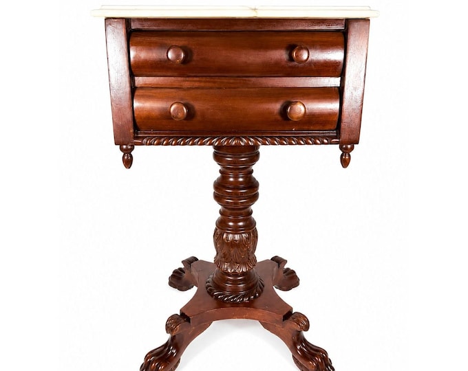 Console End Table Victorian Empire Mahogany White Marble Top 2 Drawer Claw feet Carved Pedestal Base Antique Federal Furniture