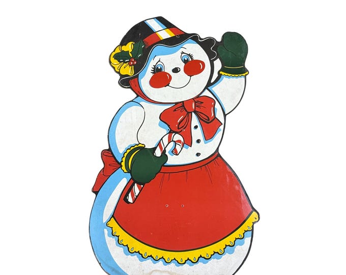 Mrs Ms Snowman Cutout Wall Decor 1950’s-1960’s Era Masonite Board Vintage Christmas Cartoon Mid Century Retro Holiday Seasonal Decor