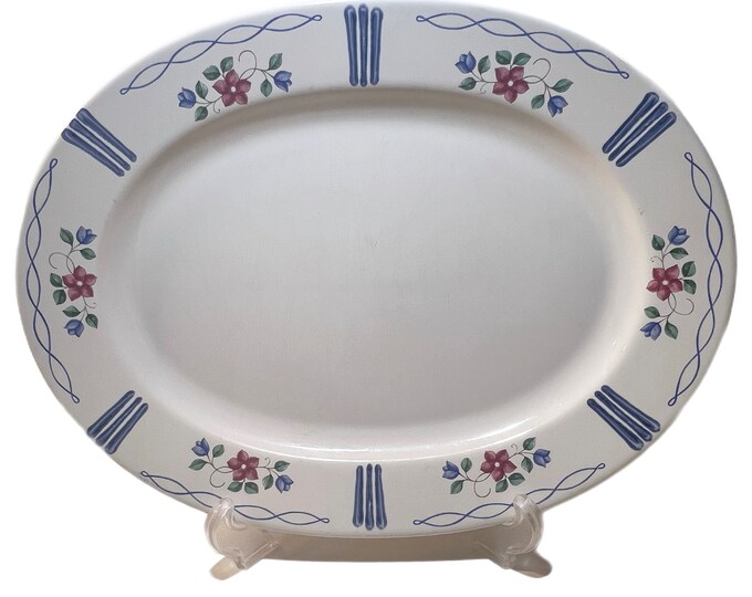 Pfaltzgraff USA Bonnie Brae 14 1/2” Oval Serving Platter Blue Lines Pink & Blue Floral Design | Replacement China | Hostess Serving Party