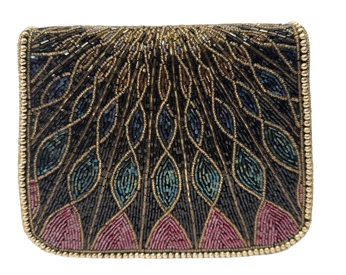 Vintage La Reagale Beaded Black Gold Teal Blue Pink | Evening Clutch Purse Handbag | 1980s Retro | Sunburst Design | Party Bag