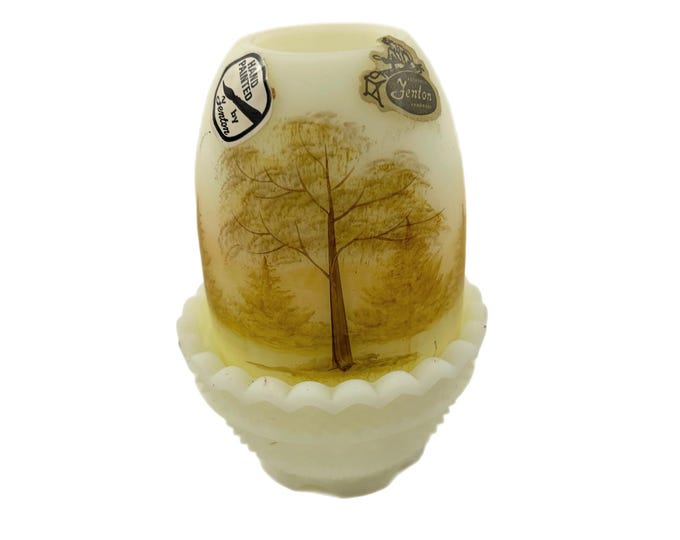 Vintage Fenton Burmese 2 piece Fairy Lamp Candle Holder signed Hand painted Glows | Log Cabin | Custard Glass | Trees Artist Signed