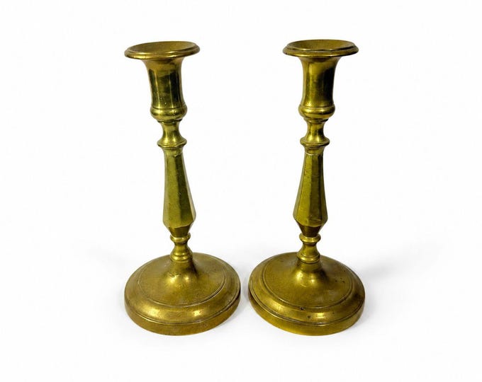 Solid Brass Candlesticks Pair Early 20th Century Vintage Metal Traditional Table Home Decor Centerpiece Candle Holder English Decorative