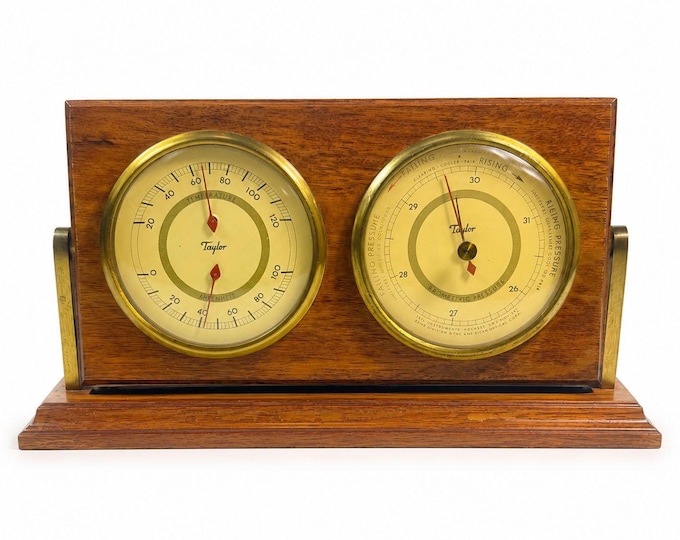 Wood Brass DeskTop Weather Station Taylor Temperature Humidity Barometric Pressure Vintage Desk Office Accessory Sailor Man Cave Practical
