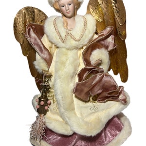 Vintage Angel Tree Topper Porcelain | Mauve Pink Velvet Fur Trim Dress | Christmas Tree | Gold Wing