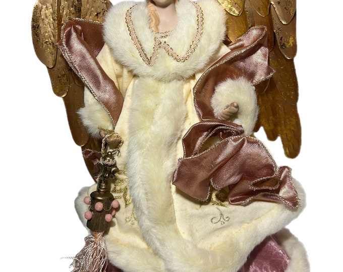 Vintage Angel Tree Topper Porcelain | Mauve Pink Velvet Fur Trim Dress | Christmas Tree | Gold Wing