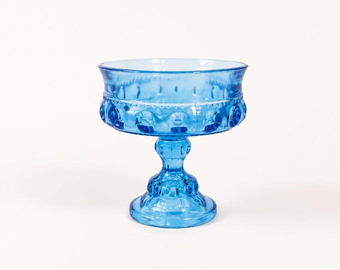 Pedestal Compote Dish Indiana Glass Ice Blue Kings Crown Thumbprint Vintage Blue Glass Candy  Bowl Electric Blue Glass MCM Decor
