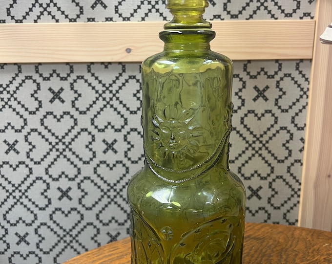 Vintage 1960's Empoli Green Glass Nautical Decanter | Ship Anchor Sun Design