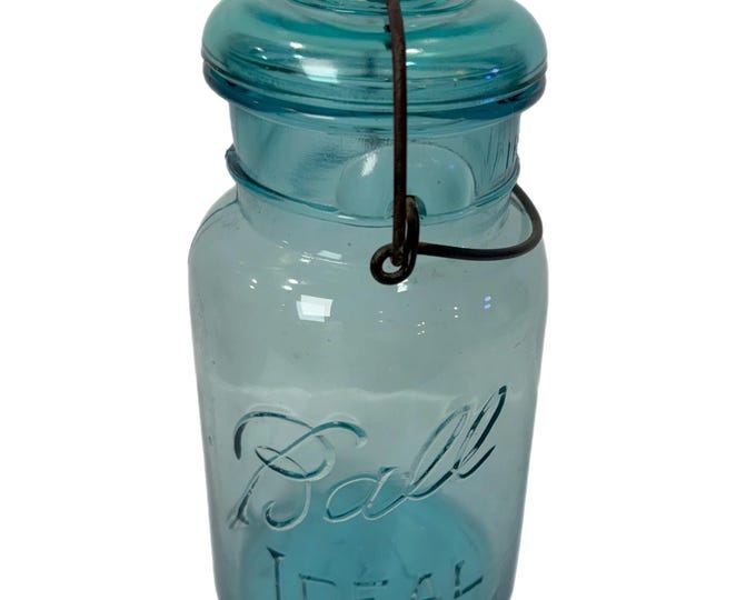 Antique | Ball Ideal Jar |  PAT’D JULY 14, 1908 Quart Canning Jar- Blue Turquoise Teal Glass Lid | Metal Wire Closure | Farmhouse Primitive