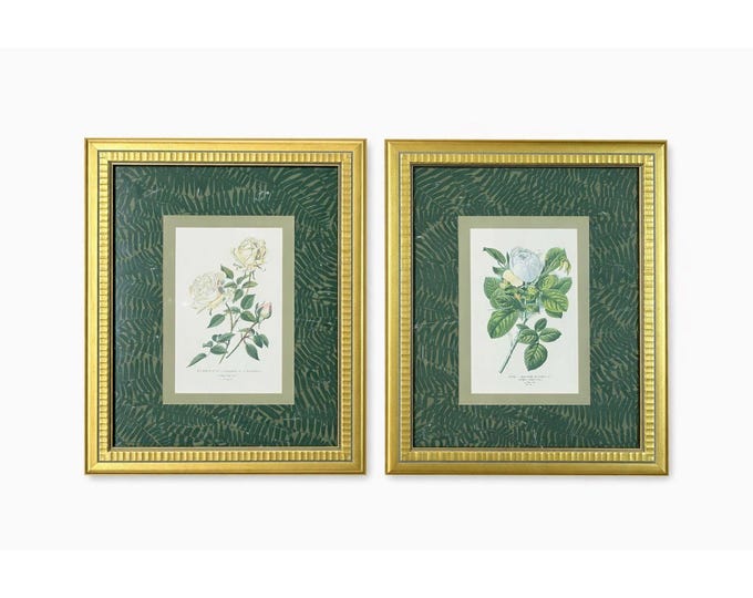 Pair French Botanical Prints Roses Framed Double Mat Wall Decor Fern Matting Gold Frame Grand Millennial Style Art Dining Living Bedroom