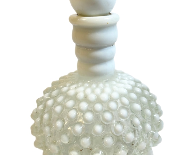 Fenton Hobnail opalescent perfume / cologne bottle with stopper | Green tint White milk glass
