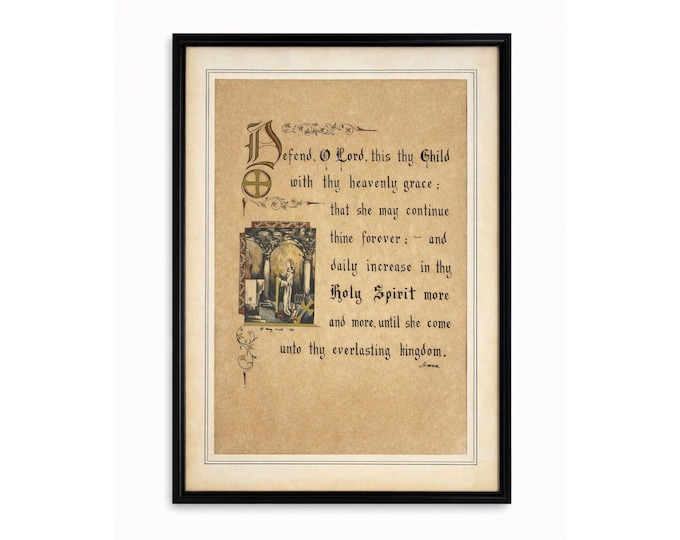 Wall Art Framed Vintage Nancy Wilds Caligraphy "Defend, O Lord This Thy Child" Prayer Christian Religious Ephemera  Framed Print 1968